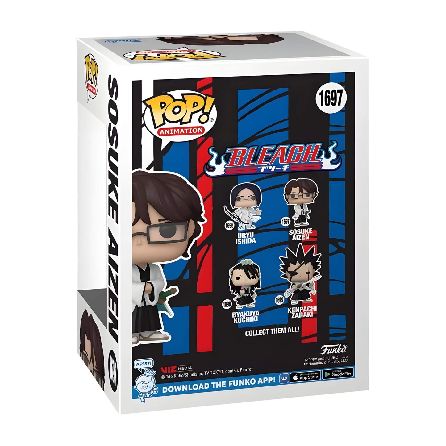 Funko Pop! vinyl figure back packaging for Bleach with Aizen character illustrations on a white background