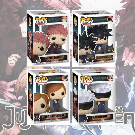 Funko Pop Jujutsu Kaisen 4-in-1 Bundle with Soft Protectors - Yuji, Megumi, Nobara, Satoru Gojo