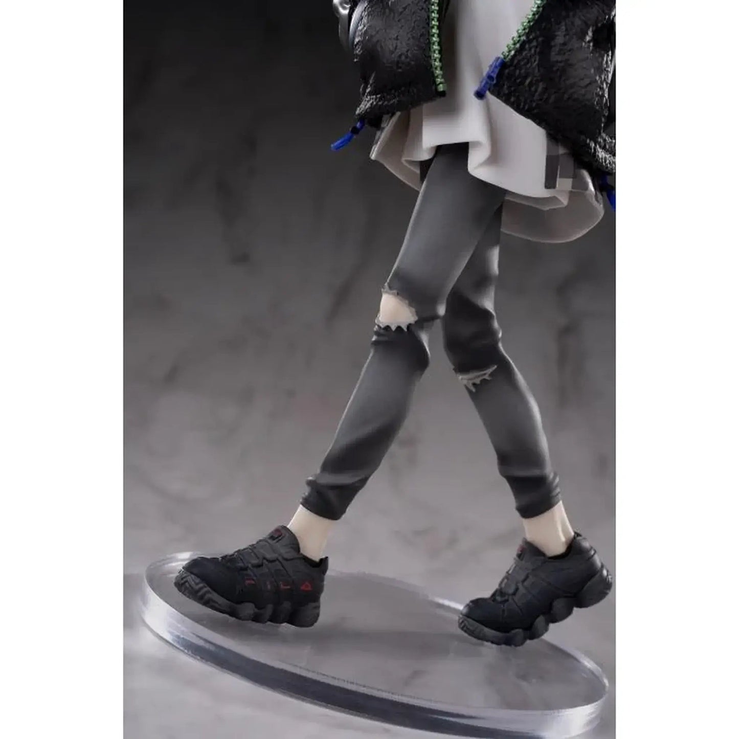 leg view of Neon Genesis Evangelion 1/7 Scale Figure of Kaworu Nagisa wearing black shoes and gray pants on a clear stand against a dark background