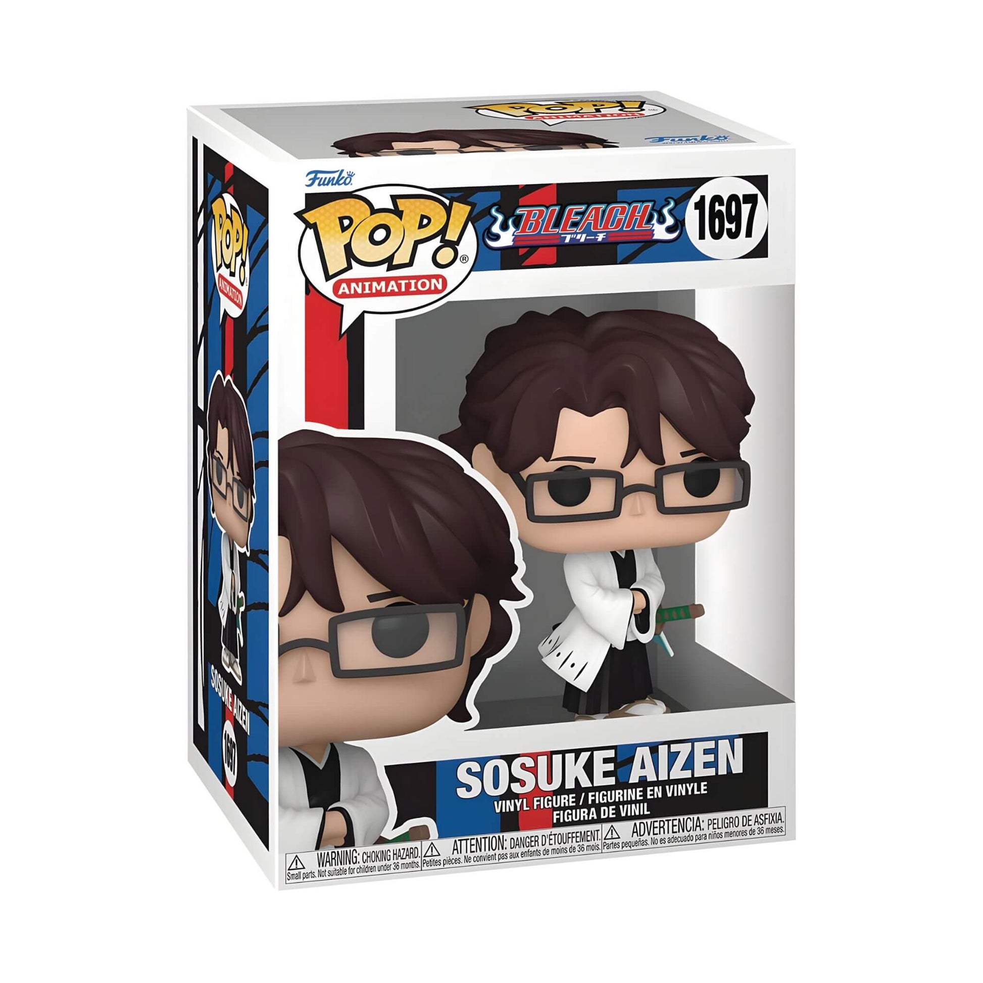 Funko Pop! vinyl figure packaging with Bleach Aizen character illustration on a white background