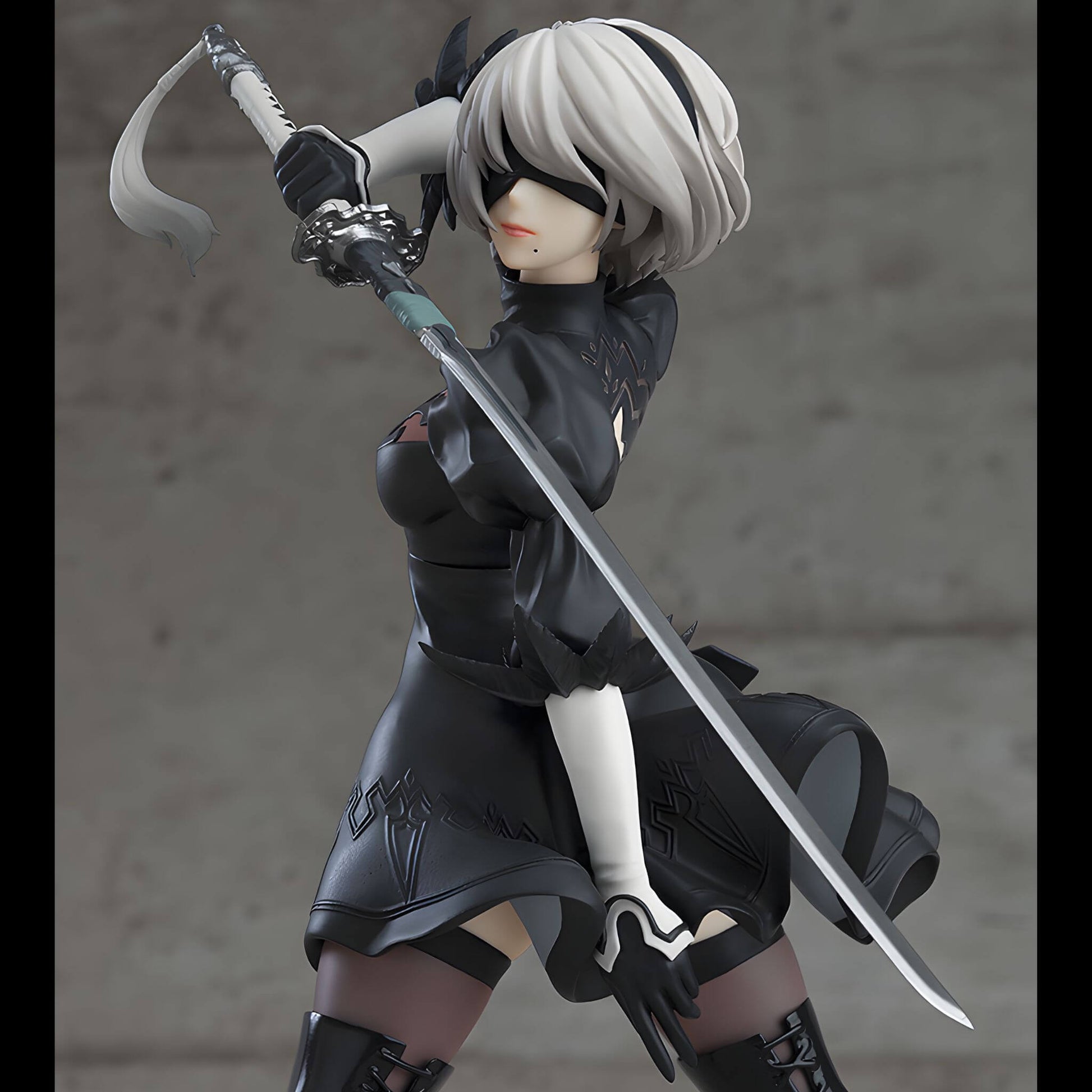 Good Smile Company NieR Automata Pop Up Parade 2B (YoRHa No.2 Type B) Figure in black outfit with a sword against a gray background