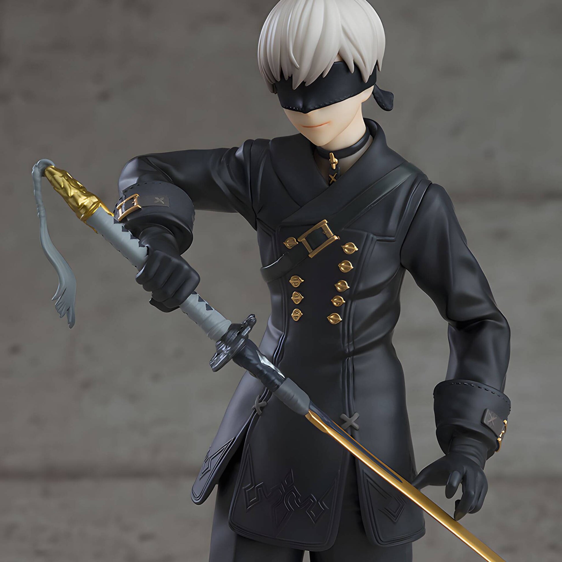 Good Smile Company NieR Automata Pop Up Parade 9S (YoRHa No.9 Type S) Figure in a dark coat with a sword against a gray background