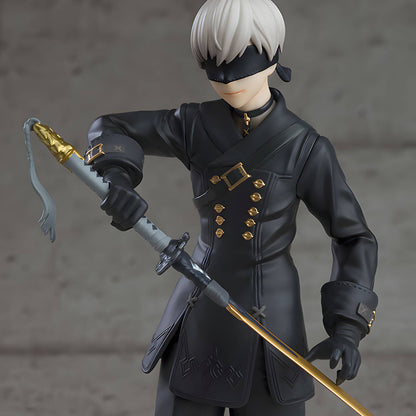 Good Smile Company NieR Automata Pop Up Parade 9S (YoRHa No.9 Type S) Figure in a dark coat with a sword against a gray background
