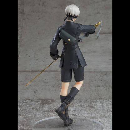 Back view of Good Smile Company NieR Automata Pop Up Parade 9S (YoRHa No.9 Type S) Figure in black outfit with a sword on a gray background