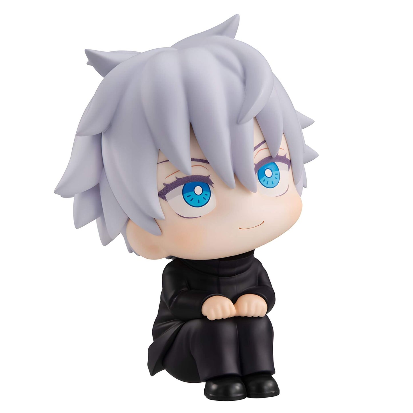 Megahouse Jujutsu Kaisen Look Up Series Satoru Gojo figurine with white hair and blue eyes wearing a black outfit on a white background - right side view