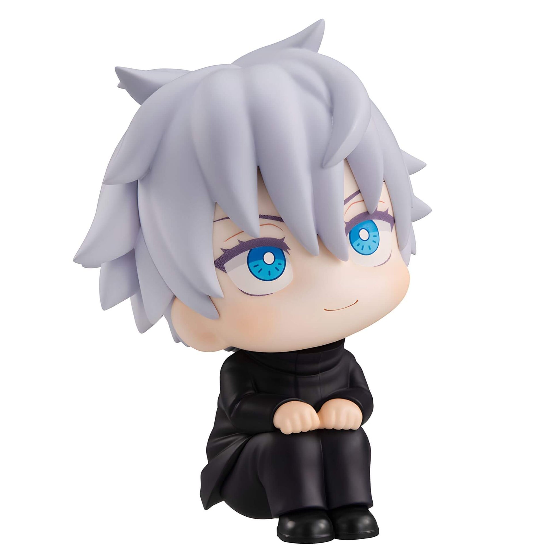 Megahouse Jujutsu Kaisen Look Up Series Satoru Gojo figurine with white hair and blue eyes wearing a black outfit on a white background - right side view