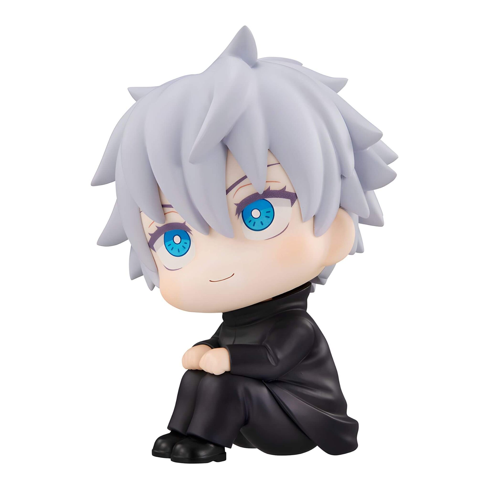 Megahouse Jujutsu Kaisen Look Up Series Satoru Gojo figurine with white hair and blue eyes wearing a black outfit on a white background - left side view