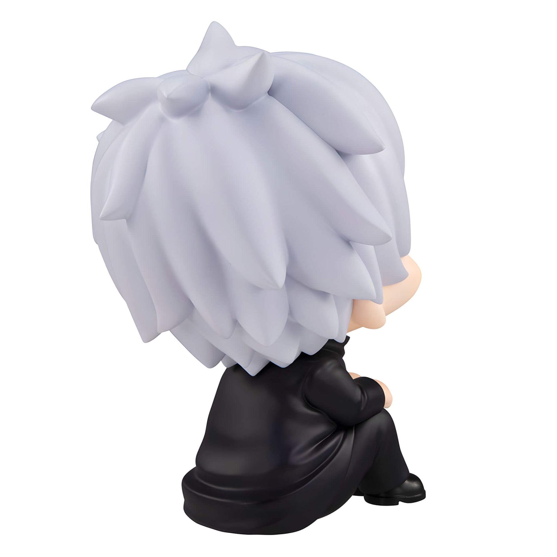 Megahouse Jujutsu Kaisen Look Up Series Satoru Gojo Figure with white hair and black outfit on a white background, back view