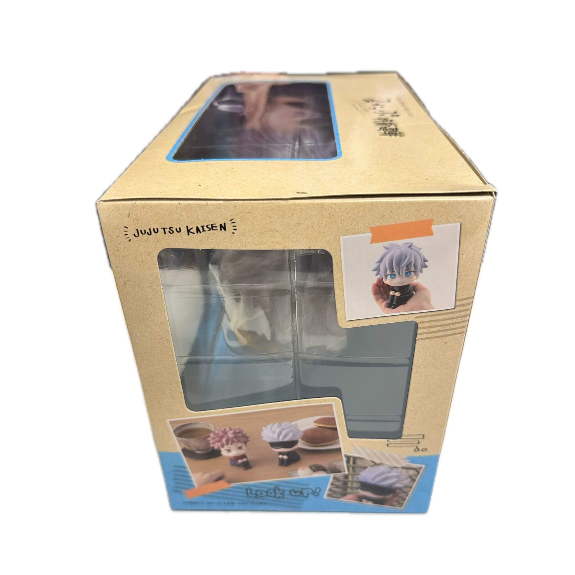 Megahouse Jujutsu Kaisen Look Up Series Satoru Gojo Figure Product packaging with clear window, anime character illustration, and text on a white background