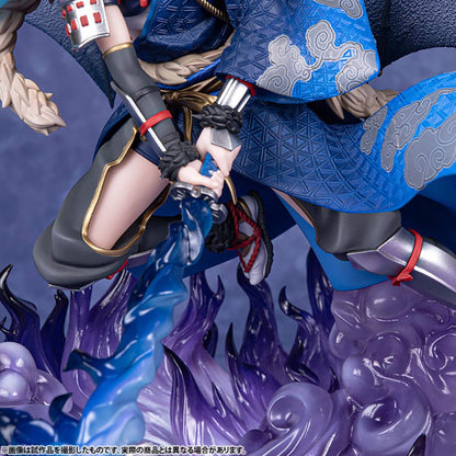 Detailed view of That Time I Got Reincarnated as a Slime Figurine of Rimuru Tempest  in traditional attire with a sword, set against a blue and purple background.