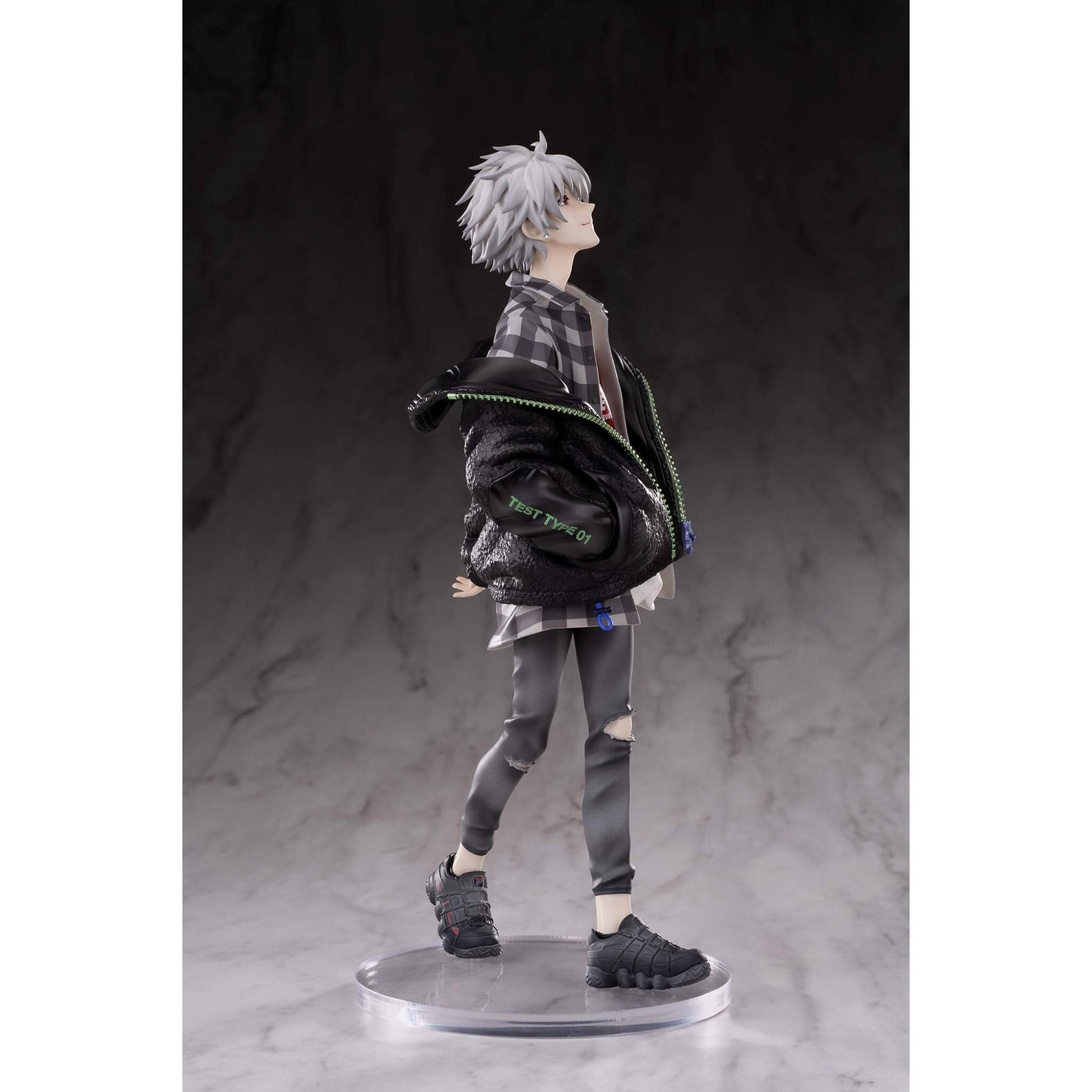 Neon Genesis Evangelion 1/7 Scale Figure of Kaworu Nagisa with gray hair and plaid shirt on a dark background