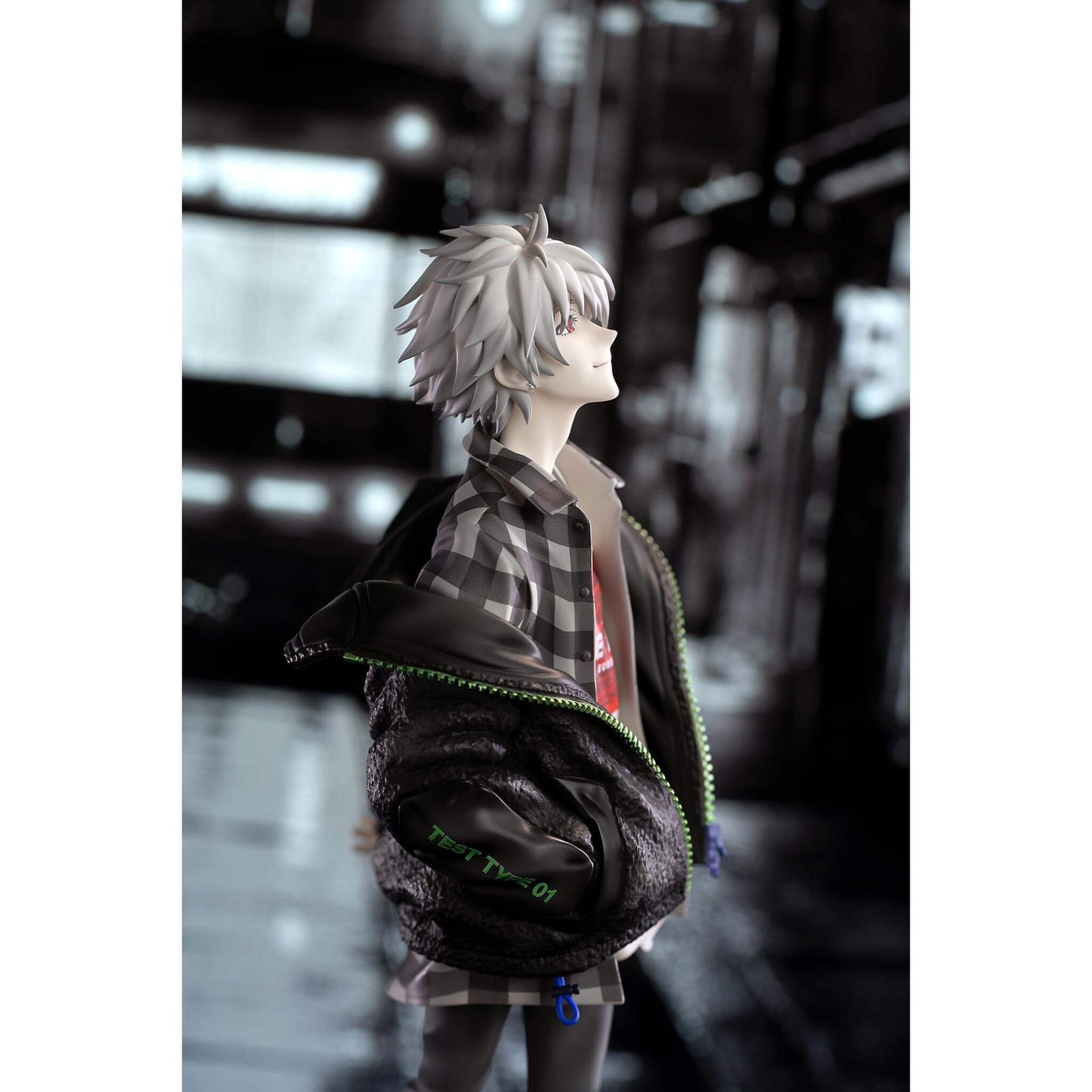 Neon Genesis Evangelion 1/7 Scale Figure of Kaworu Nagisa in a plaid outfit with a dark jacket in an urban setting