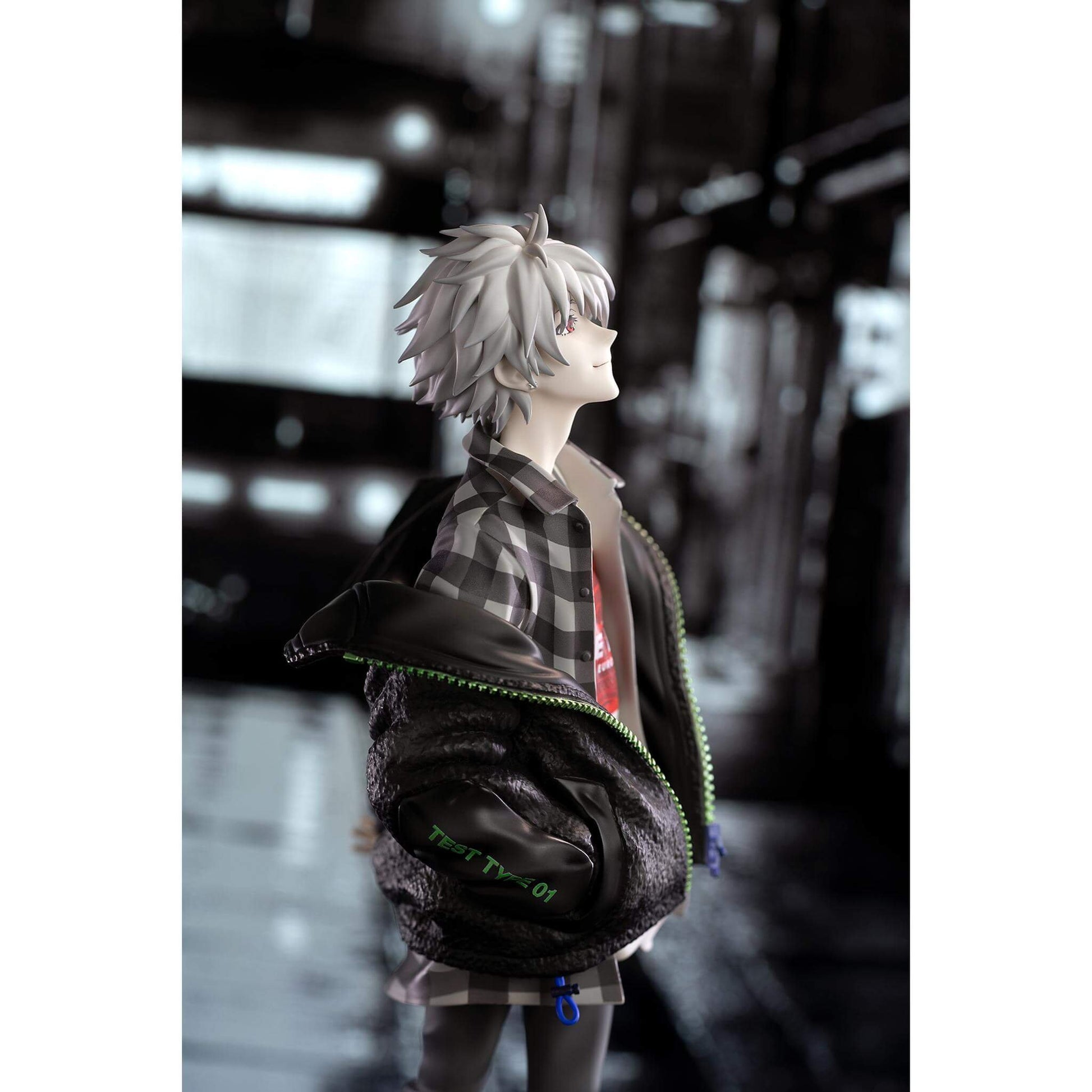Neon Genesis Evangelion 1/7 Scale Figure of Kaworu Nagisa in a plaid outfit with a dark jacket in an urban setting
