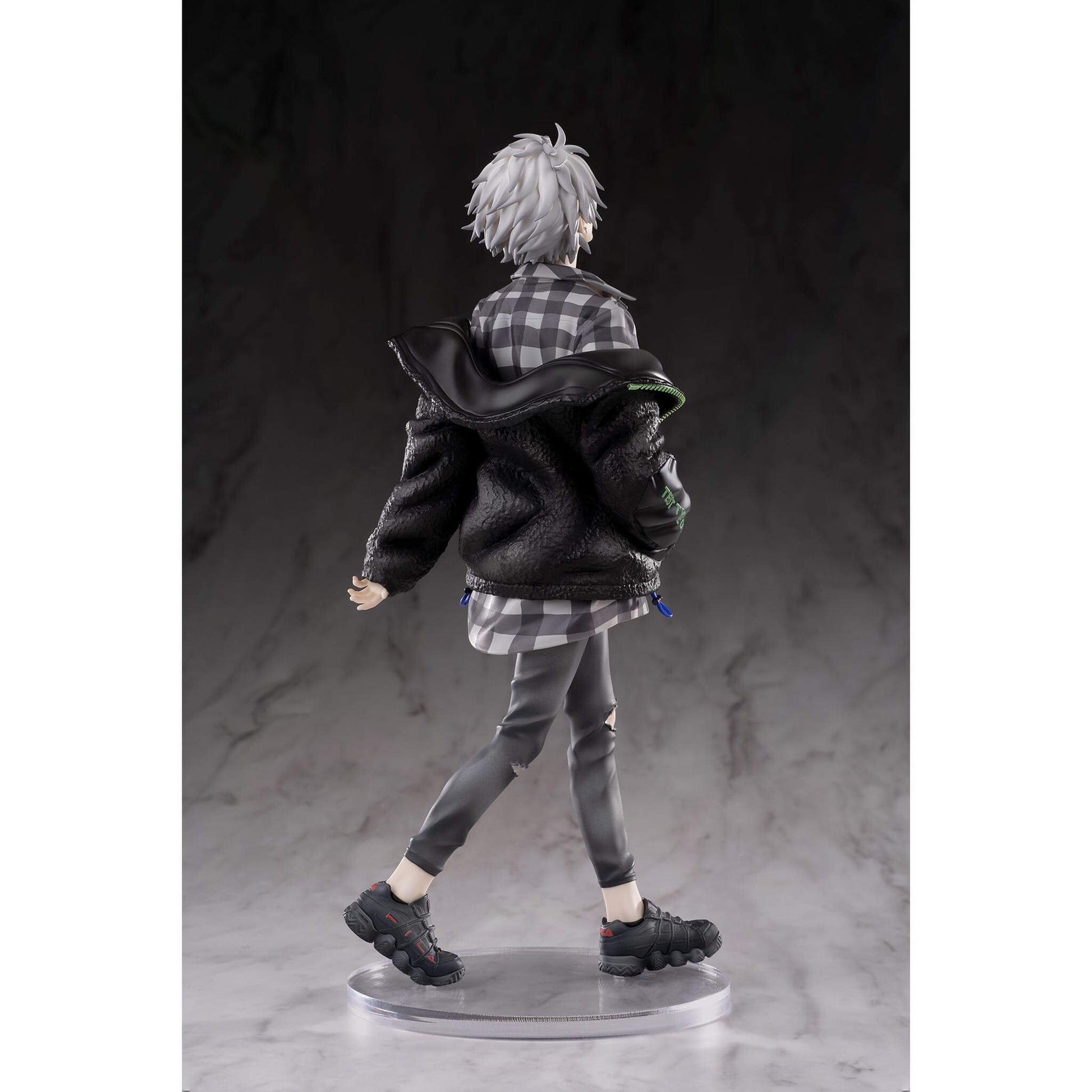 Neon Genesis Evangelion 1/7 Scale Figure of Kaworu Nagisa with gray hair wearing a black jacket and plaid shirt on a dark background, back facing