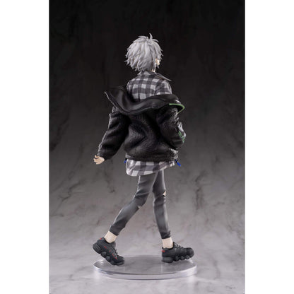Neon Genesis Evangelion 1/7 Scale Figure of Kaworu Nagisa with gray hair wearing a black jacket and plaid shirt on a dark background, back facing