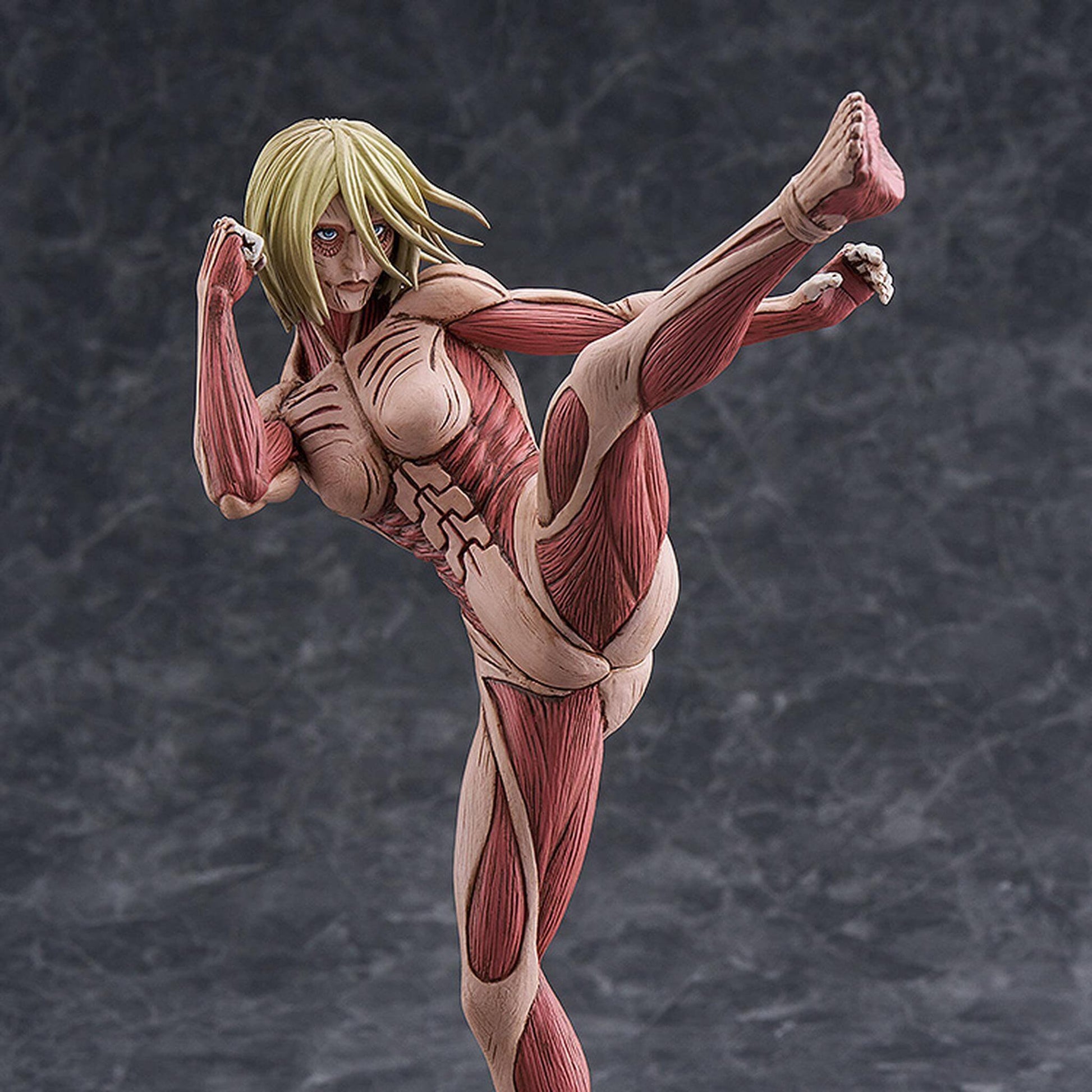 Attack On Titan Female Titan Pop Up Parade L sized figure with detailed muscle anatomy on a dark background