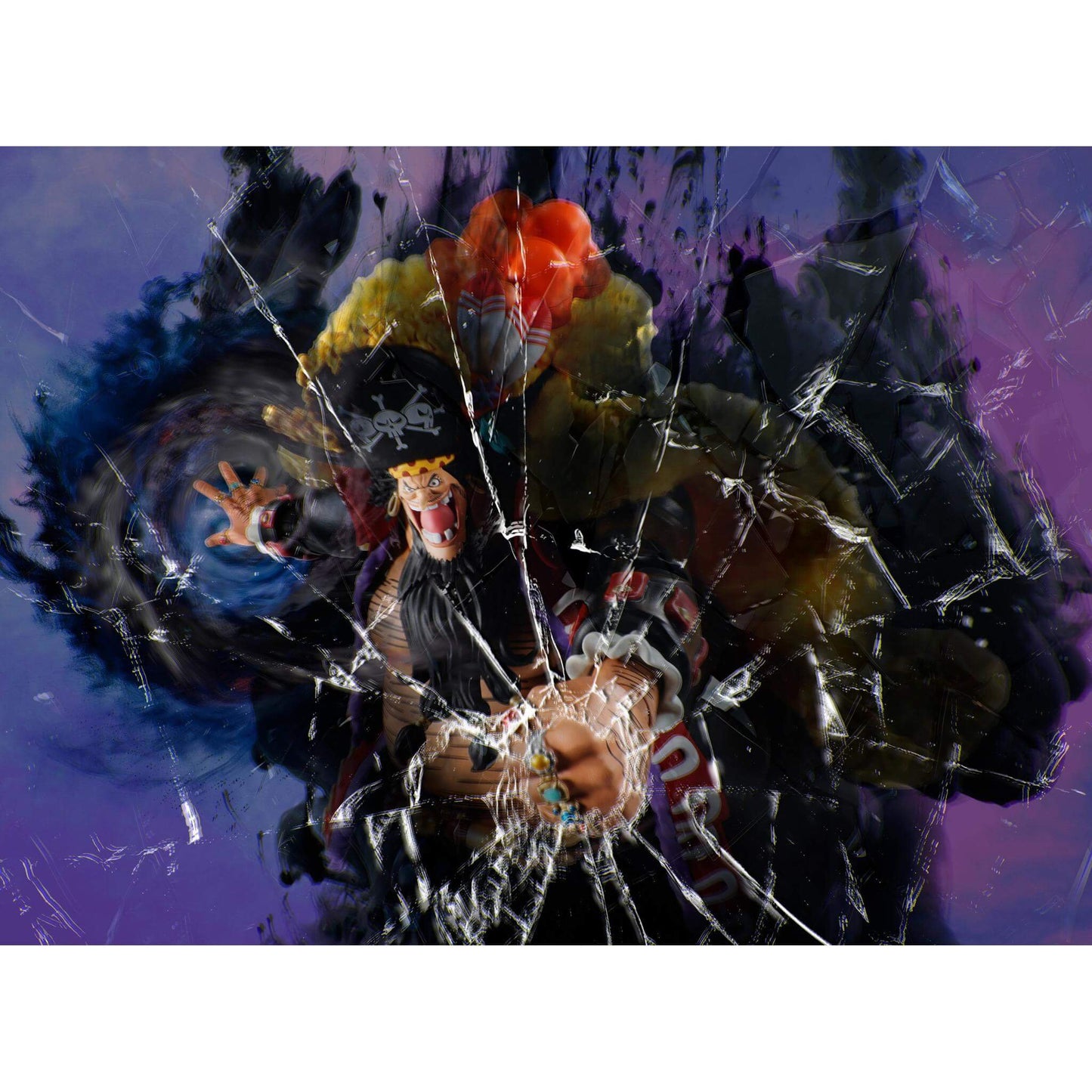 S.H.Figuarts action figure of Marshall D. Teach (BlackBeard) with a broken glass effect on a dark background