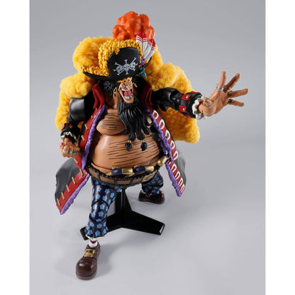 S.H.Figuarts action figure of Marshall D. Teach (BlackBeard) with a colorful outfit and accessories on a gray background