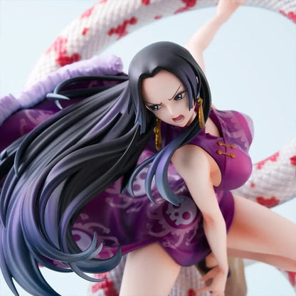 One Piece Portrait of Pirates A-MAXIMUM Pirate Empress Boa Hancock statue with long black hair and purple outfit on a white background