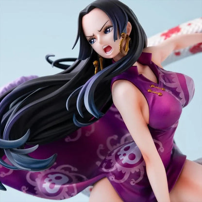 One Piece Portrait of Pirates A-MAXIMUM Pirate Empress Boa Hancock statue in a purple outfit with a blue background