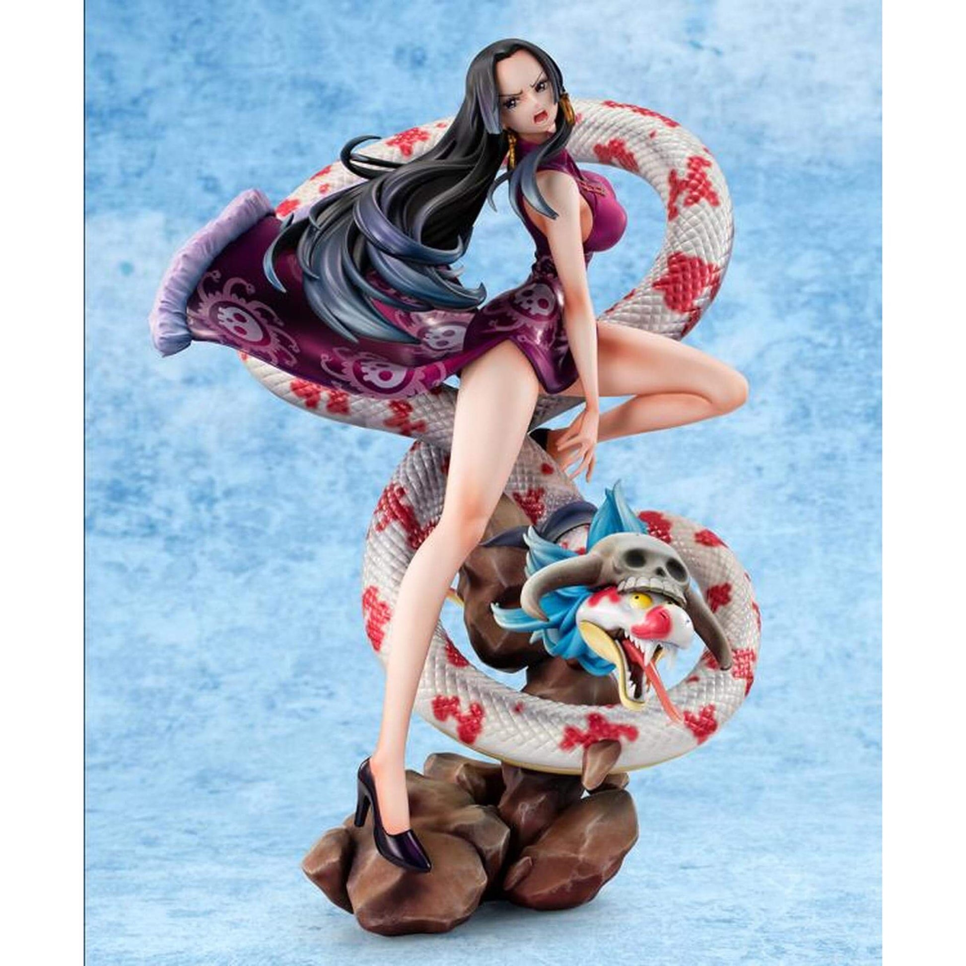 One Piece Portrait of Pirates A-MAXIMUM Pirate Empress Boa Hancock statue of Boa Hancock with long hair and a dress, sitting on a large snake-like creature against a light blue background.