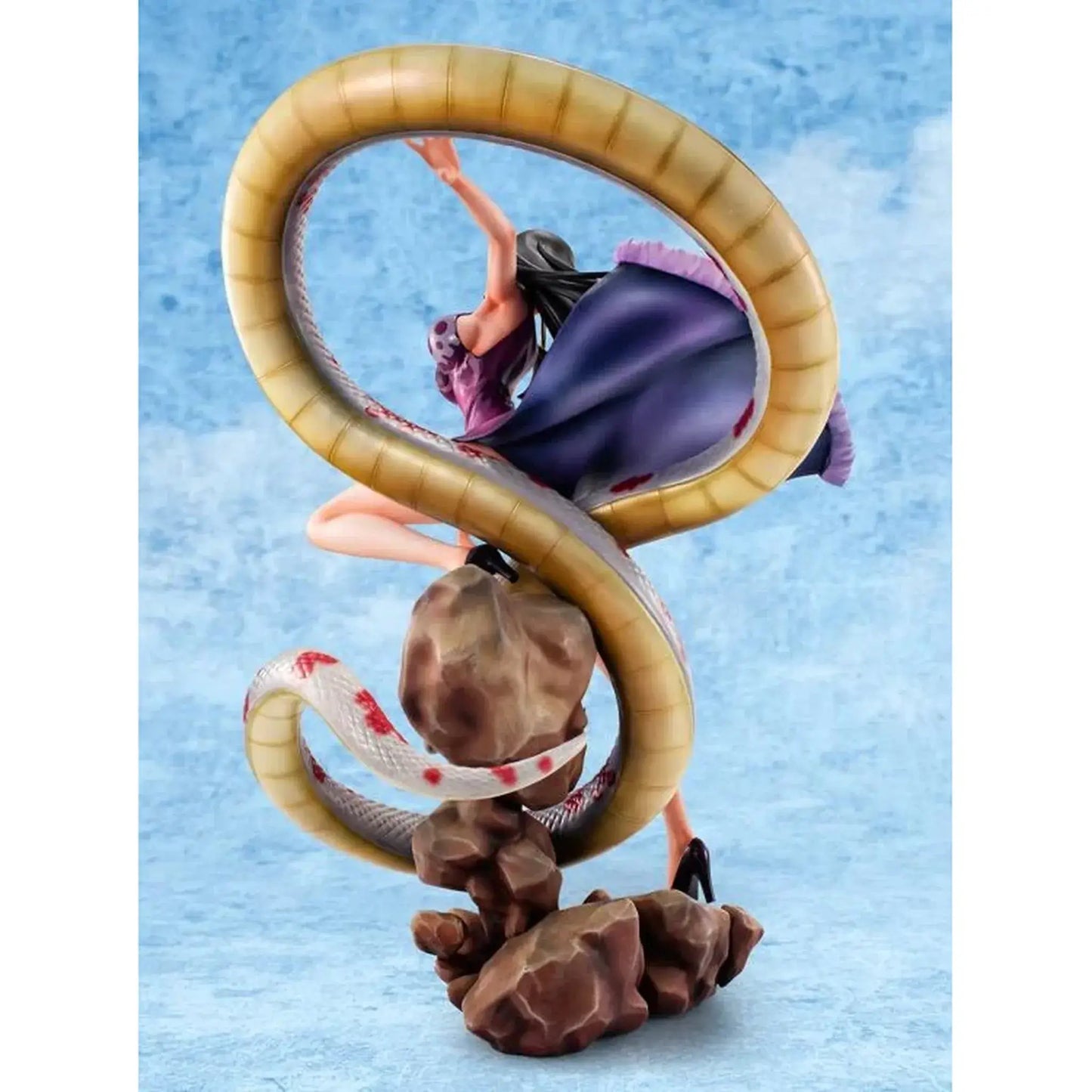 Back view of One Piece Portrait of Pirates A-MAXIMUM Pirate Empress Boa Hancock statue being constricted by a large snake on a textured blue background