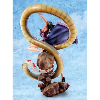 Back view of One Piece Portrait of Pirates A-MAXIMUM Pirate Empress Boa Hancock statue being constricted by a large snake on a textured blue background
