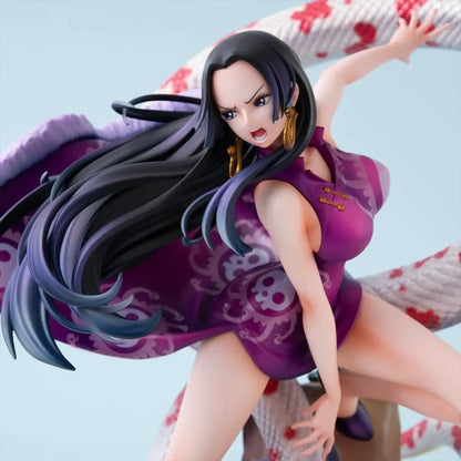 One Piece Portrait of Pirates A-MAXIMUM Pirate Empress Boa Hancock statue in a purple outfit with long black hair against a light blue background