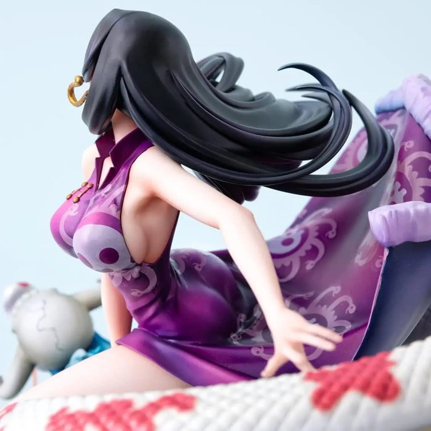 One Piece Portrait of Pirates A-MAXIMUM Pirate Empress Boa Hancock statue in a purple outfit with long black hair on a light blue background