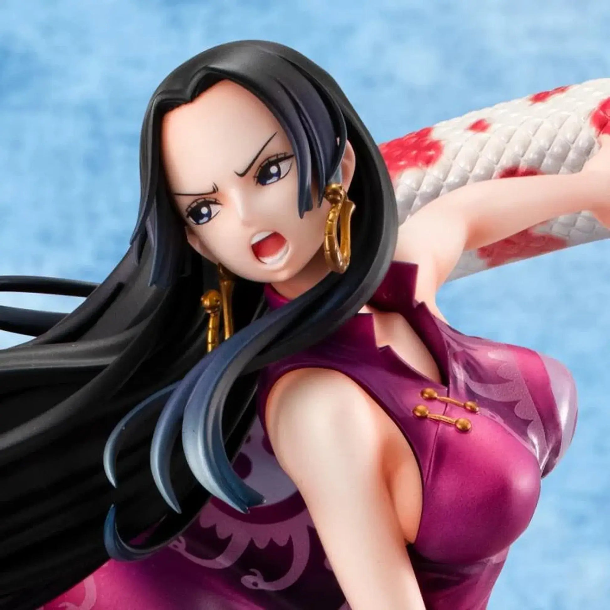 One Piece Portrait of Pirates A-MAXIMUM Pirate Empress Boa Hancock statue with long black hair and a purple outfit against a blue background