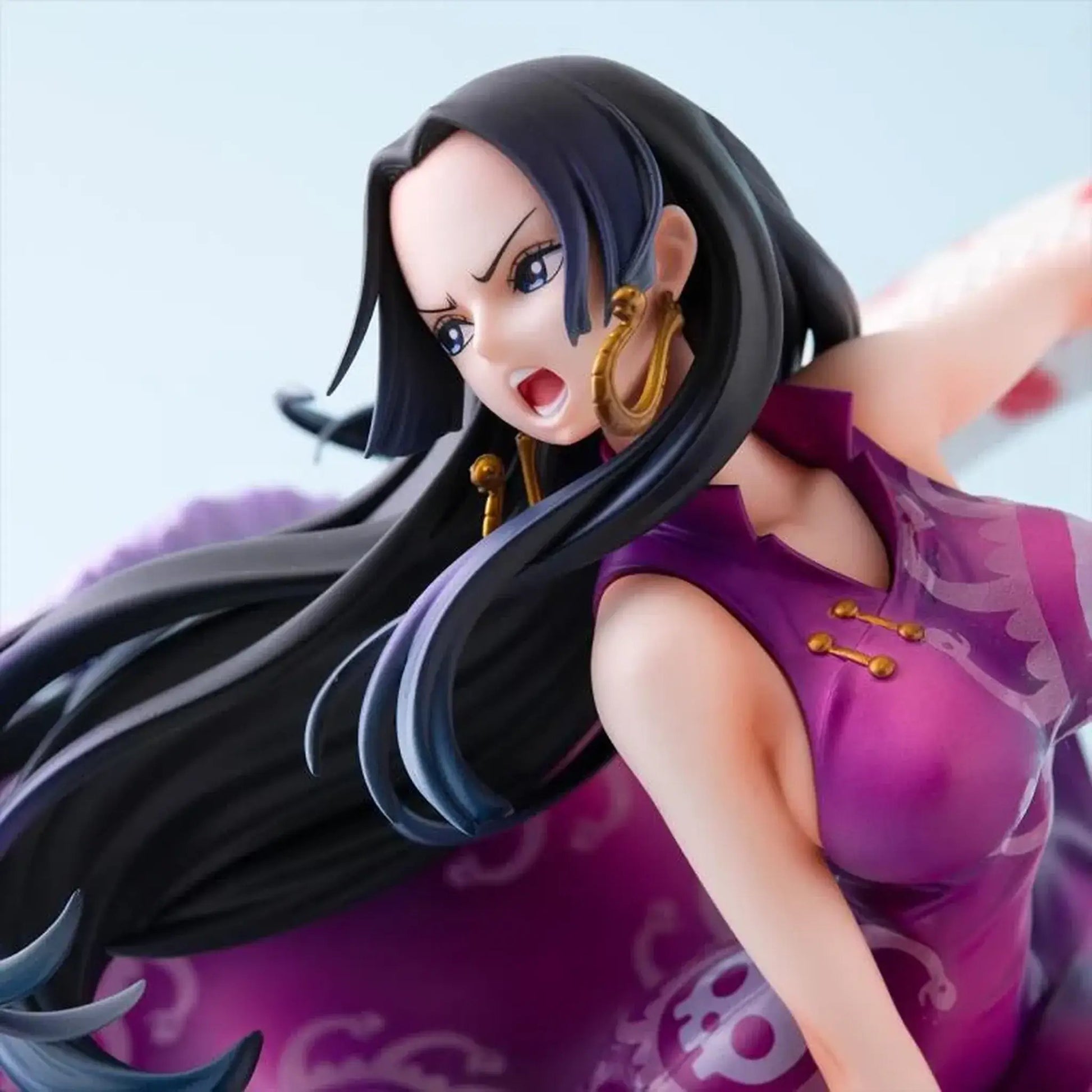 One Piece Portrait of Pirates A-MAXIMUM Pirate Empress Boa Hancock statue with long black hair and a purple outfit on a light blue background