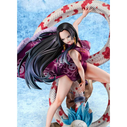 One Piece Portrait of Pirates A-MAXIMUM Pirate Empress Boa Hancock statue with long black hair and a purple outfit, standing on a blue background.