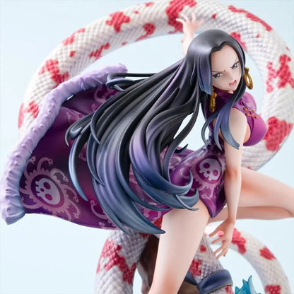 One Piece Portrait of Pirates A-MAXIMUM Pirate Empress Boa Hancock statue with long dark hair and a purple outfit, standing on a white background.