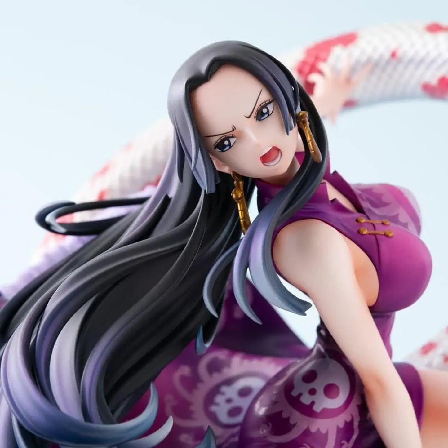 One Piece Portrait of Pirates A-MAXIMUM Pirate Empress Boa Hancock statue with long black and gray hair and a purple outfit.