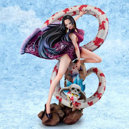 One Piece Portrait of Pirates A-MAXIMUM Pirate Empress Boa Hancock statue with a snake-like tail on a light blue background