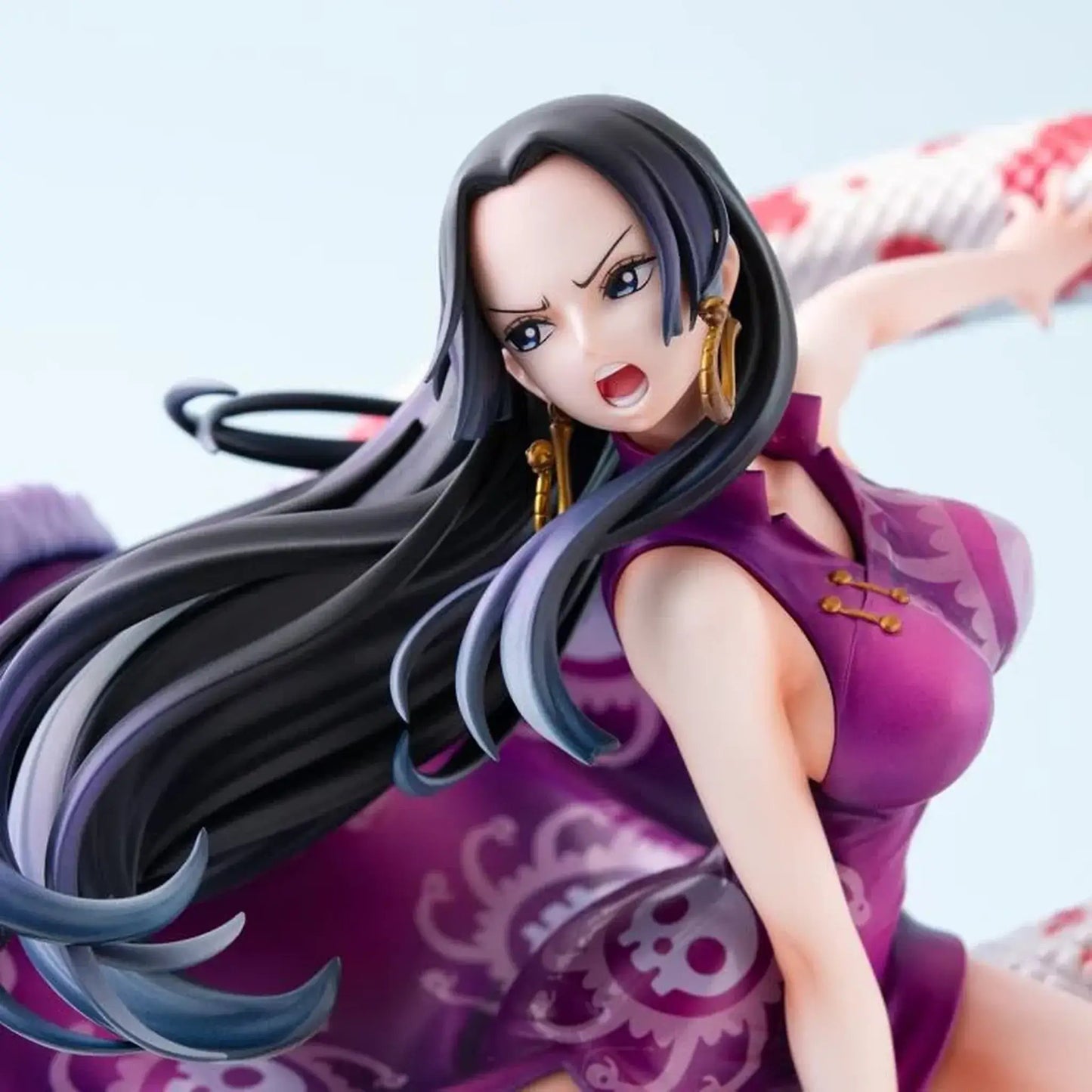 One Piece Portrait of Pirates A-MAXIMUM Pirate Empress Boa Hancock statue with long black hair and purple outfit on a light blue background
