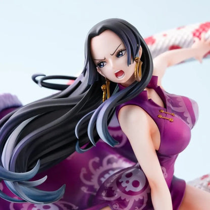 One Piece Portrait of Pirates A-MAXIMUM Pirate Empress Boa Hancock statue with long black hair and purple outfit on a light blue background