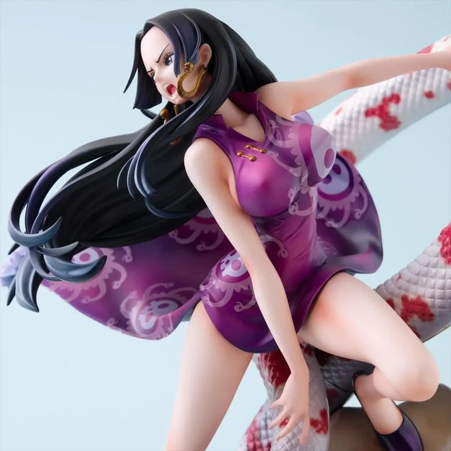 One Piece Portrait of Pirates A-MAXIMUM Pirate Empress Boa Hancock statue with long black hair and a purple dress on a light blue background