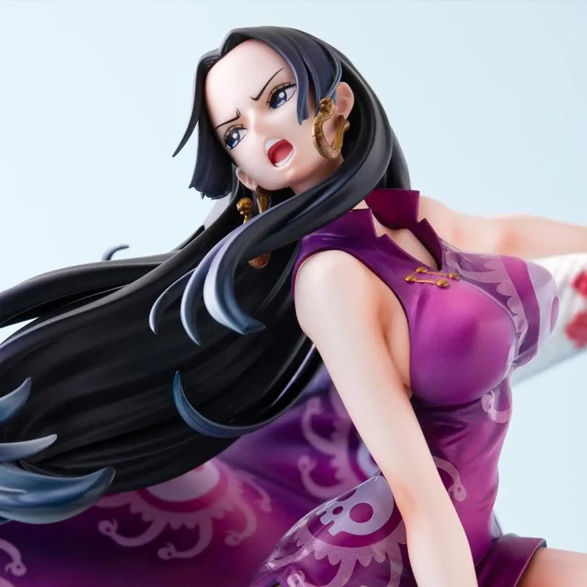 One Piece Portrait of Pirates A-MAXIMUM Pirate Empress Boa Hancock statue with long black hair and a purple outfit on a light gray background