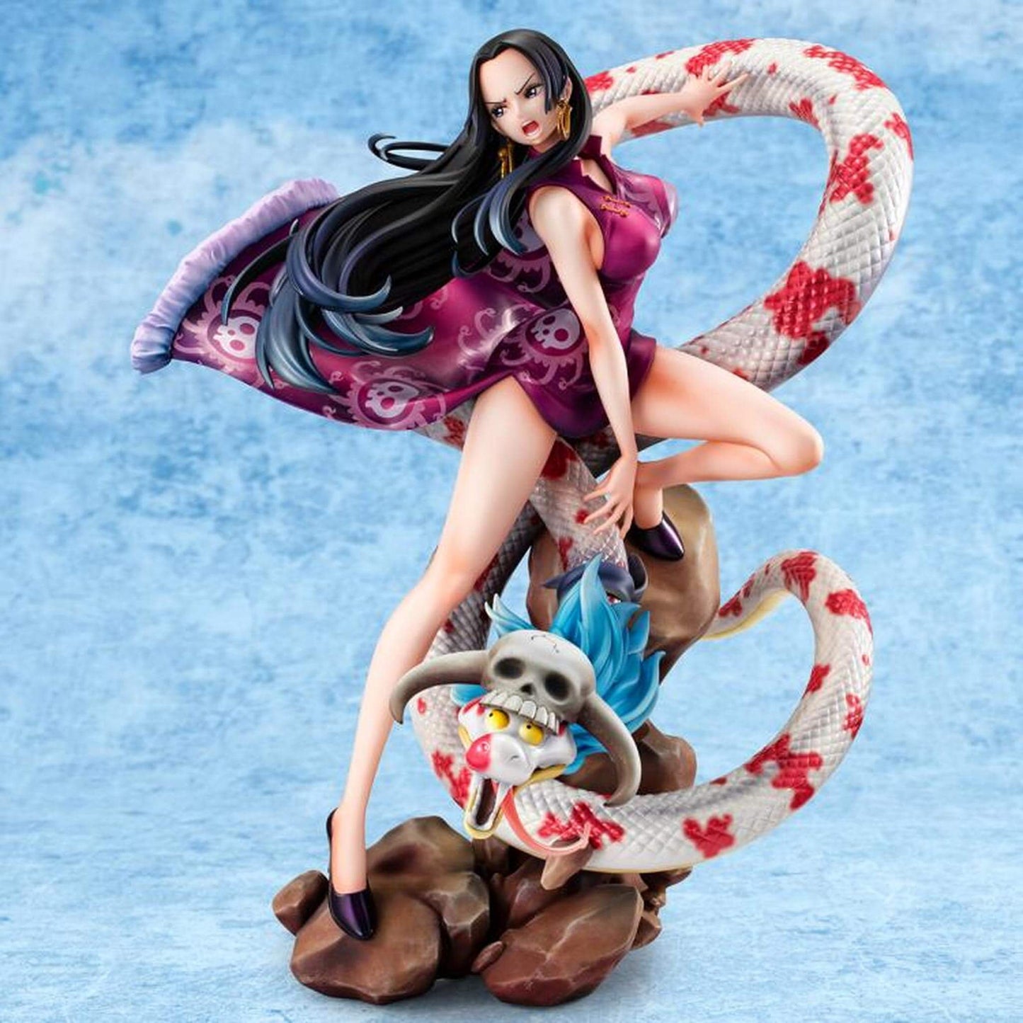 One Piece Portrait of Pirates A-MAXIMUM Pirate Empress Boa Hancock statue with long black hair and a purple dress, surrounded by snakes on a light blue background.