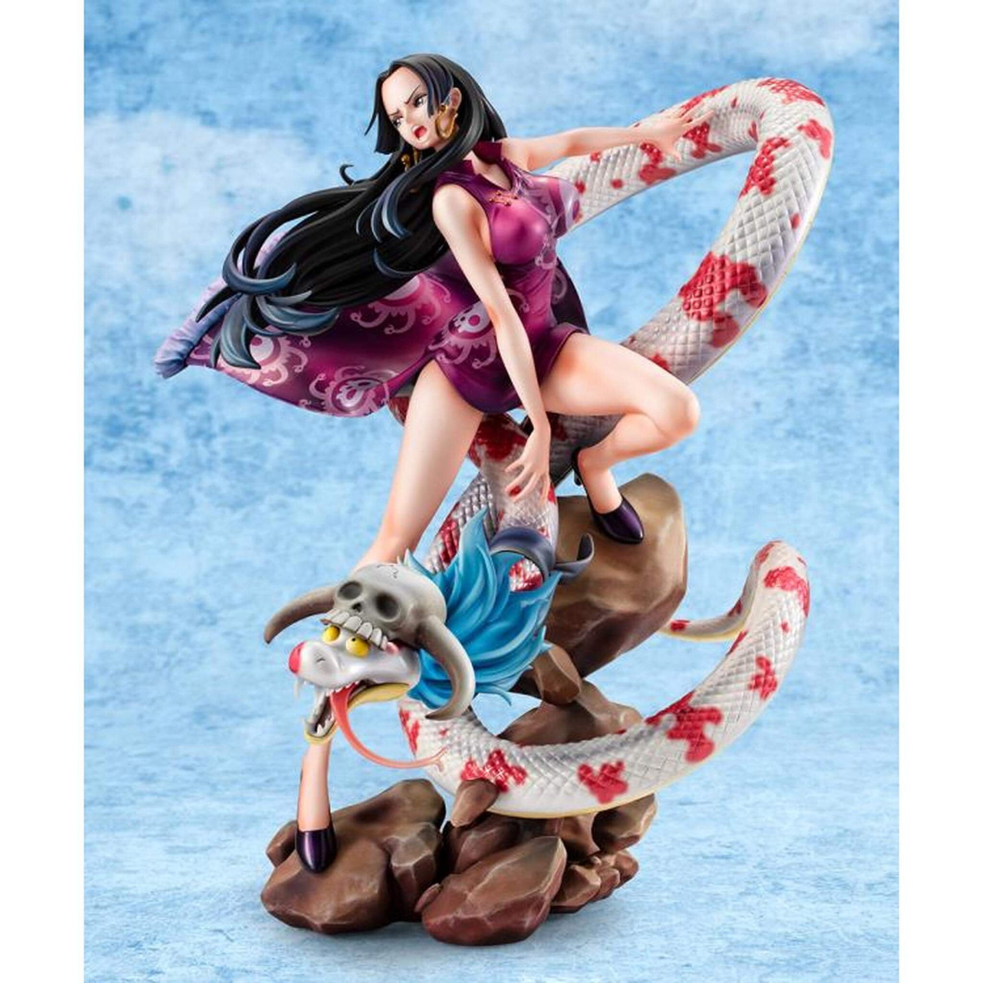 One Piece Portrait of Pirates A-MAXIMUM Pirate Empress Boa Hancock statue with long hair and snake-like tail on a blue background