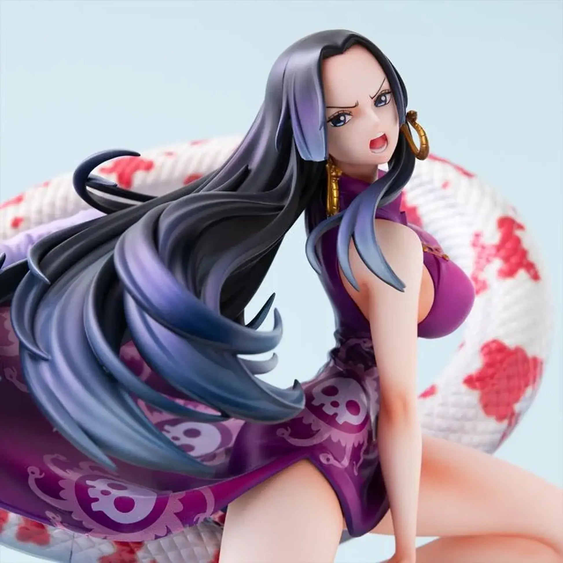 One Piece Portrait of Pirates A-MAXIMUM Pirate Empress Boa Hancock statue with long hair and purple outfit on a light blue background
