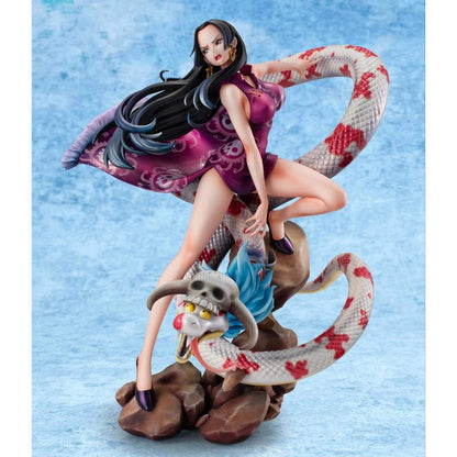One Piece Portrait of Pirates A-MAXIMUM Pirate Empress Boa Hancock statue with long hair and a snake on a blue textured background