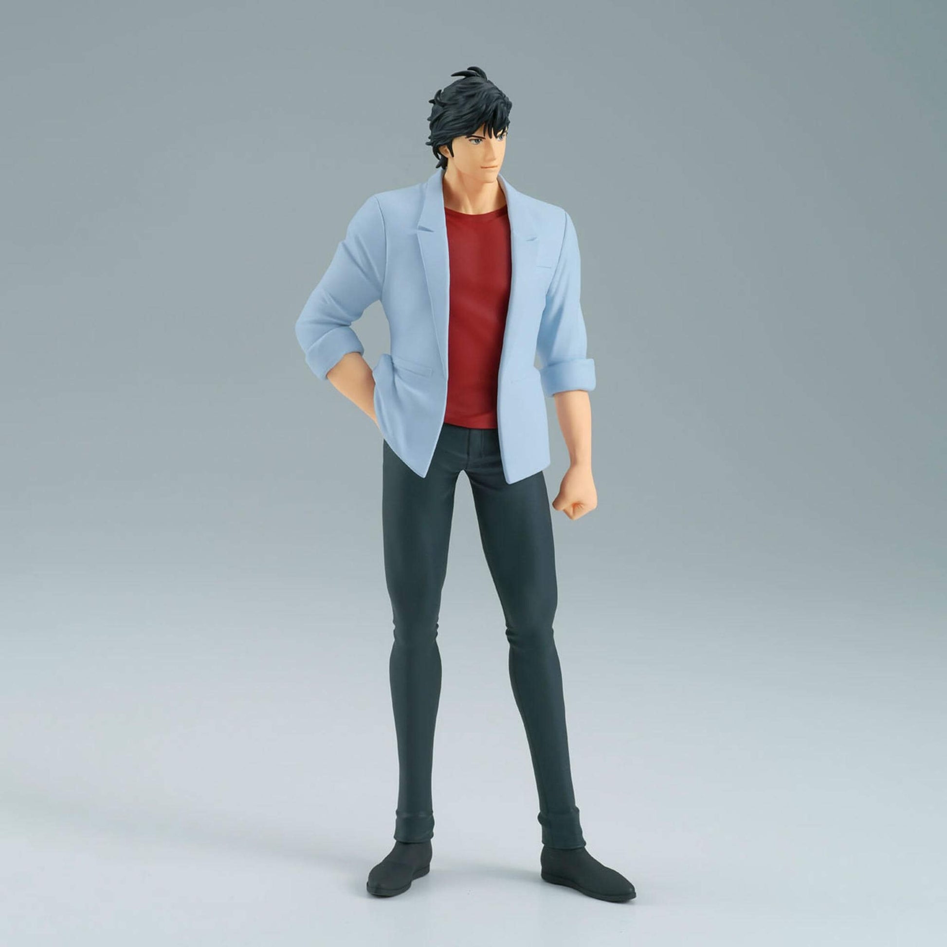 Anime figure of Ryo Saebawearing a light blue jacket, red shirt, and dark pants on a gray background