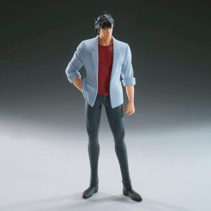 Anime figure of Ryo Saebain a light blue jacket and black pants on a gradient background