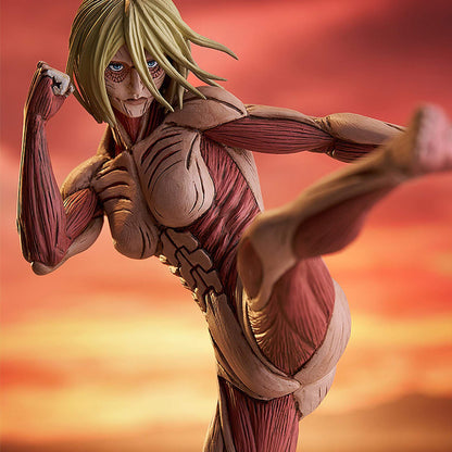 Attack On Titan Female Titan Pop Up Parade L sized figure which features exaggerated musculature against a red and orange background