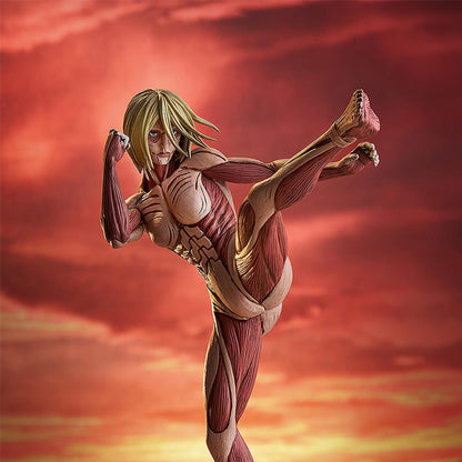 Attack On Titan Female Titan Pop Up Parade L sized figure, which features detailed muscular design, kicks up against a red sky