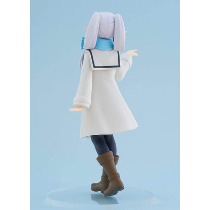 Back view of Frieren Blow Kiss Pop Up Parade figure in a white coat and brown boots on a light blue background