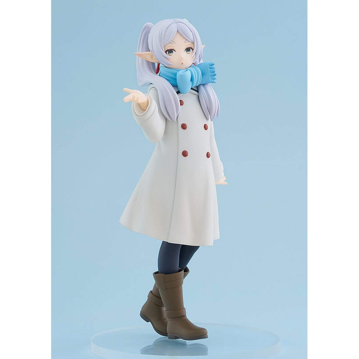 Frieren Blow Kiss Pop Up Parade figure  wearing a white coat with brown buttons on a light blue background