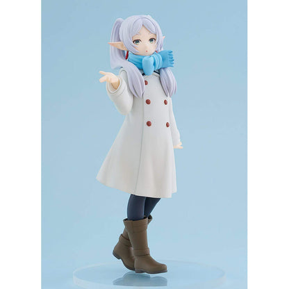 Frieren Blow Kiss Pop Up Parade figure  wearing a white coat with brown buttons on a light blue background